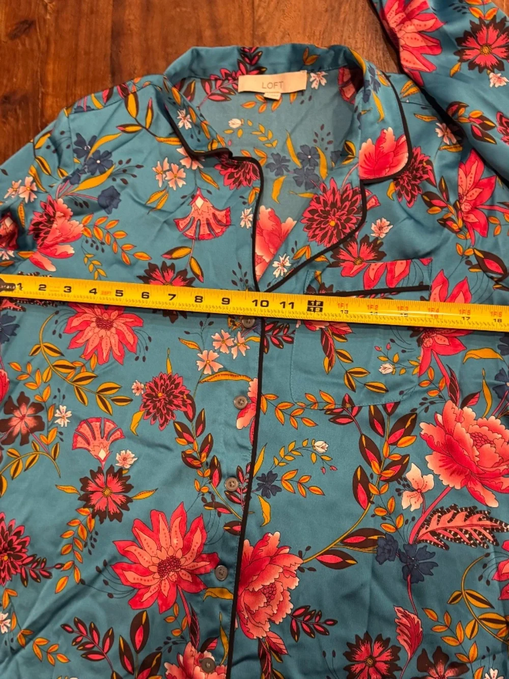 Ann Taylor Loft Satin Pajama Top-Floral-Teal Blue/Pink-Size Small